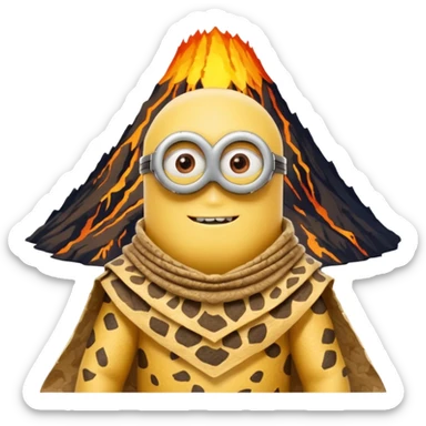 a minion wearing ancient animal skin cloth with volcano behind, half body, icon sticker