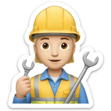 Apple Memoji-style 3D emoji of an engineer wearing a yellow hardhat holding a wrench, soft shading, rounded shapes, no background.
 sticker