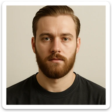 portrait of a young man with short light chestnut hair slicked back, medium-length thick beard, light green eyes, fair skin, oval face, neutral expression, wearing a dark t-shirt, plain light background, shoulder-up front view sticker