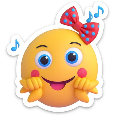 3D smiley emoji, large eyelashes, red polka dot bow, amazed, raised eyebrows, blue eyes, musical notes sticker