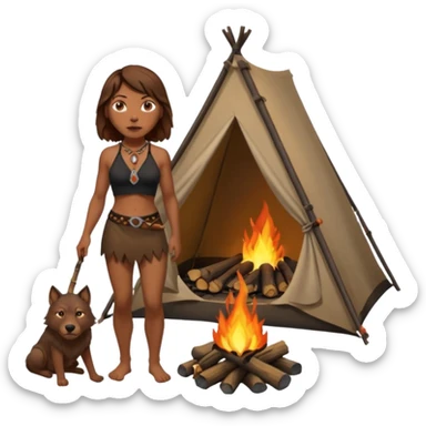 a NEANDERTHAL WOMAN WITH BROWN HAIR STANDING BY A FIRE AND TENT WITH BLACK WOLF HALTER TOP sticker