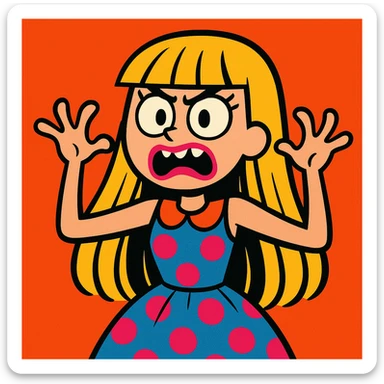 white girl with long hair and bangs, pink lipstick, wearing a cute dress, making a scary expression, fun and appealing style, playful illustration, cartoon, charming and whimsical sticker