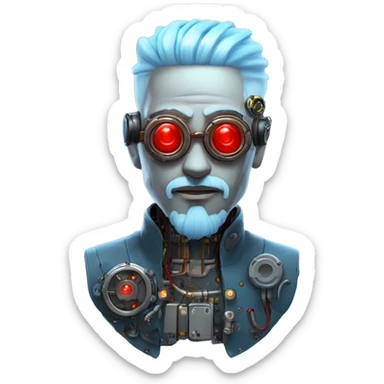  Short light blue haired male cyborg head with light blue beard, red steampunk goggles and circuits sticker