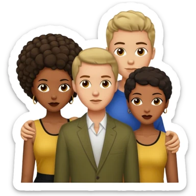 Olive skinnedAmerican man with short brown hairwith two black african women both are African one is light skin black and one is medium tone black with african hair styles sticker