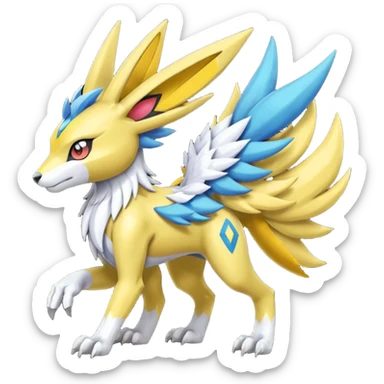 Colorful Meloetta-Manectric-Renamon-Wargreymon-Sergal-Pokémon-Digimon-Fakémon-fusion-hybrid-creature sticker