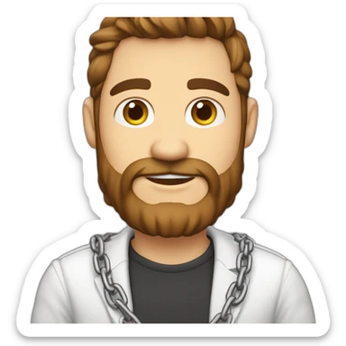 Hombre de mitad de cuerpo piel blanca cabello largo cafe con barba y cadena con dije de caballo grande en el cuello sticker