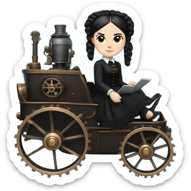 Wednesday Addams riding in a bright steampunk electric wagon sticker