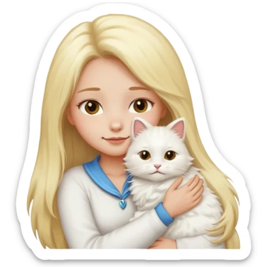 a girl with long blonde hair and a white fluffy cat cuddling her neck, emoji style sticker