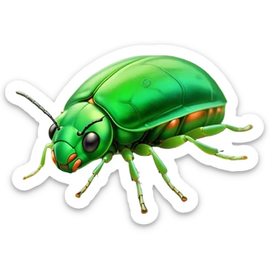 Meme-Worthy Cute Sleeping Green Bugdie Portrait Emoji, Head resting peacefully with a contented smile, showcasing a tiny, endearing build and a luxuriously smooth emerald exoskeleton, eyes shut in a serene nap, Simplified yet hilariously adorable features, highly detailed, glowing with a soft, drowsy light, high shine, relaxed and utterly lovable, stylized with an air of playful laziness, bright and heartwarming, soft glowing outline, capturing the essence of a comically sleepy insect, so meme-worthy it feels like it could instantly become the next viral sensation of adorable slumber! sticker