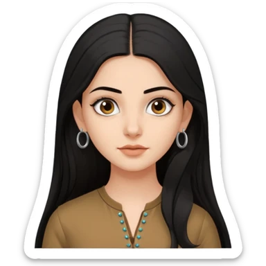a pretty bratz fair girl with long black hair, kajal under eyes, small silver hoop. brown kurti on sticker