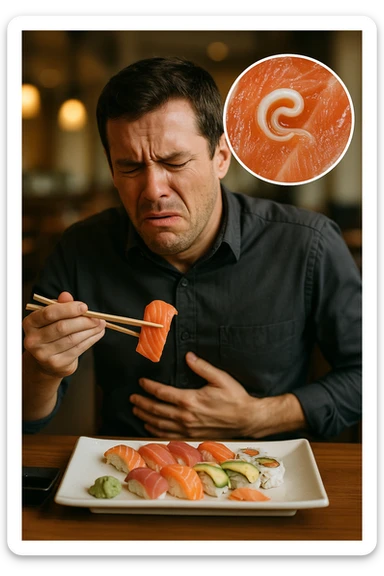 a man sits at a restaurant table, eating a plate of raw fish (such as sushi or sashimi). In a magnified inset, an Anisakis larva is visible inside a piece of fish. The man’s expression changes from enjoyment to sudden discomfort, holding his stomach with a pained look. The background is softly blurred, focusing on the man and the food. in italiano sticker