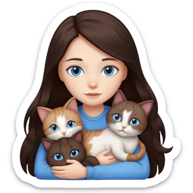 a girl with long dark 
brown hair, with blue eyes, hugs 3 different natural coloured cats sticker
