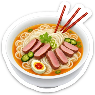 Guilin rice noodles with pickles and meat in soup, simplified emoji style with bold outlines and bright colors, cartoon style Guangxi specialty Mi Fen sticker