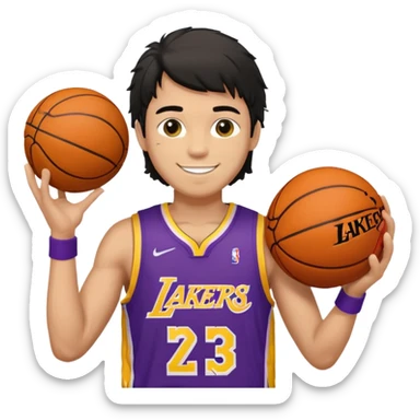 a light tan boy with messy a black mullet. wearing a lakers jersey and carrying a basketball sticker