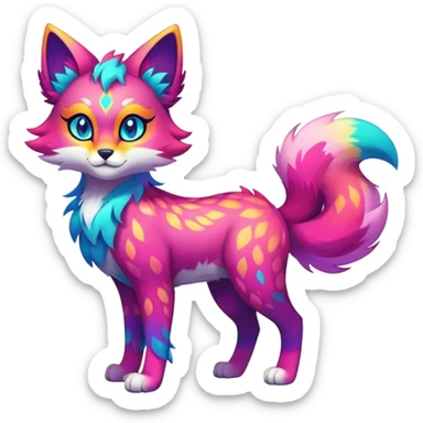Vibrant multicolored neon-colored Falvie-Fionbri-creature-sparkle-feline-canine-hybrid-fursona, full body, fur pattern-markings sticker