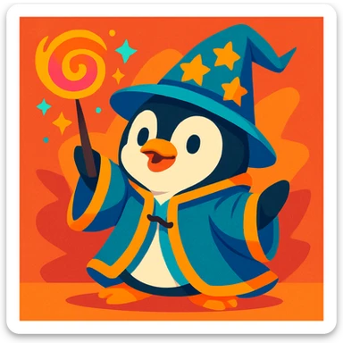 cute penguin wizard casting a spell, wearing a robe and holding a wand, colorful cartoon style, vibrant toon style sticker