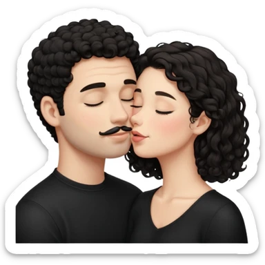 A brunette white girl kissing a medium white guy on the cheeks and he has black curly short hair and dimples and a little mustache and they wear black clothes and make him blush and close his eyes sticker
