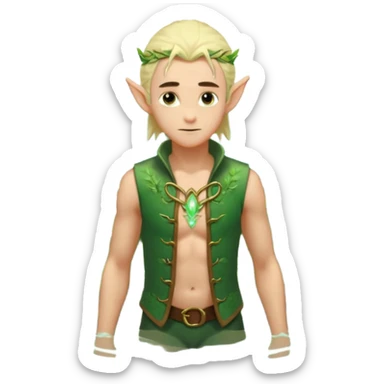 elf male legolas wading in shallow tide pool, palm emitting soft green light to heal glowing coral, practical open vest over bare chest, determined gaze, pointy ears, vibrant underwater plants, centered emoji, nature guardian summer sticker