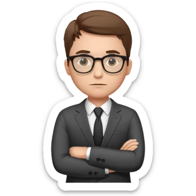 Illustrate Gus in a business suit with glasses, hands folded & serious gaze. sticker