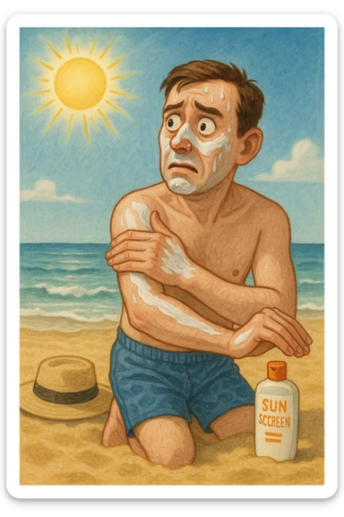uomo a mare che si mette la crema solare perchè ha paura del sole sticker