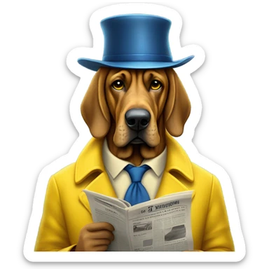 Full body blue and yellow bloodhound-wearing bifocals in the rain reading a newspaper with To hat and trenchcoat. sticker