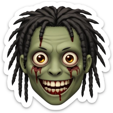zombie with brown skin, messy black dreads hair, wide centered brown eyes, dark bloody marks under the eyes, and a smile showing grillz, giving a distressed, undead look. sticker