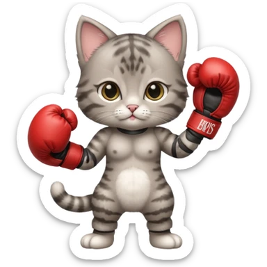 Cute gray tabby baby girl kitten standing with boxing gloves sticker