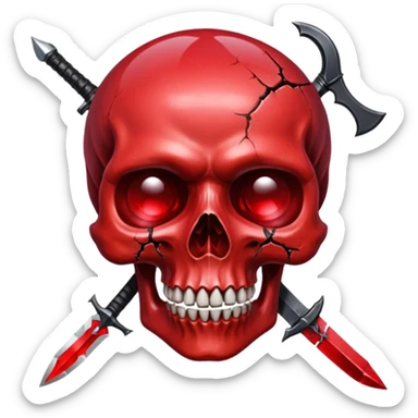 make me a red crystal skull partly see thew super gem like make it realistic and held together by a black bow and a small dager to the eye with cracks coming from it have the bow be loosly tied around the skull holding it together make the blade super realistic  sticker