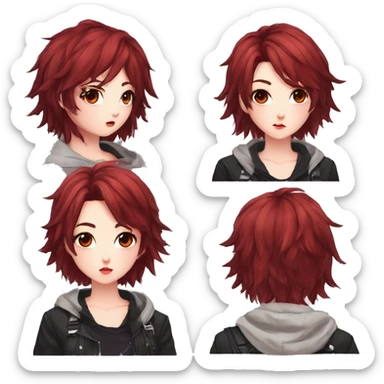 Gorgeous anime style tomboy-lady with blushing face aesthetic and pretty edgy black red punk hair with hair garment trending style sticker
