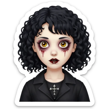 Faça uma mulher zumbi com o cabelo cacheado médio, e uma franja cacheada, cabelo preto e deixe ela meio gótica. sticker