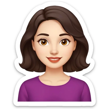 Warm enthusiastic woman with light skin, oval face, soft defined features, large expressive brown eyes, medium arched eyebrows, small nose, medium lips with relaxed smile, long wavy dark brown hair styled simply, wearing a soft vibrant colored elegant blouse sticker