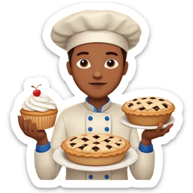 Baking community man avatar in vibrant style illustration. Pie, cookie, and muffin warm golden tones, simple shapes, flat design, high contrast. sticker