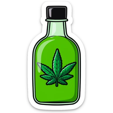 Curved red glass bottle like Coca-Cola with a green cannabis leaf printed on it and a label sticker