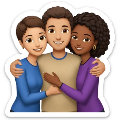  middle Eastern man with short brown hairwith two black african women both are African one is medium tone light tone skin black and one is medium tone black with african hair styles. and they are all smiling and putting their arms around each other and kiss, kissing and hugging. sticker