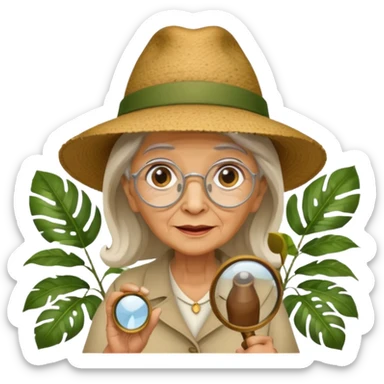 an old woman with jungle and magnifying glass sticker