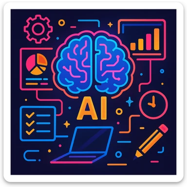 artificial intelligence, futuristic AI brain with multiple screens and tools, managing productivity, neon colors, modern illustration sticker