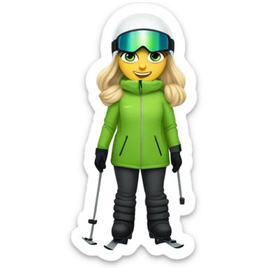 Green-eyed, fat female skier with medium-length straight blonde hair no curls, snow goggles on top of helmet, white ski helmet, gray snow jacket, green ski gloves, long black pants rolled up at the bottom, black only snow boots standing tall. sticker