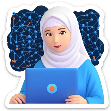 woman with white hijab in blue outfit, looking forward, with programming code, algorithms, binary data flows, software development tools, database structures, coding syntax highlighting, computer science symbols, and computing diagrams surrounding her sticker