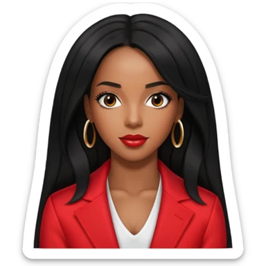 Kelly Rowland from Destiny's Child with long jet black hair, red outfit sticker