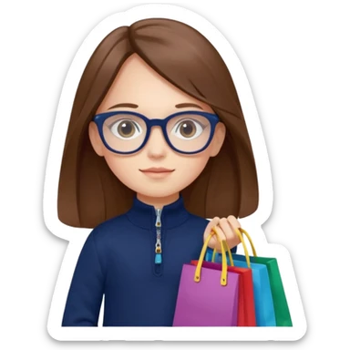 A little girl (he usually calls her baby), who is obsessed with shopping and luxury brands and holds a dozen of bags, she wears navy blue half zip sweater and holds 10 bags and she has long brown hair with Prada eyeglasses  sticker
