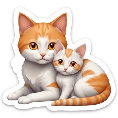 full body of very small + skinny ginger and white kitten with deep orange eyes and triangular shaped face lying down cuddling a grey and white kitten who is a bit bigger than him sticker