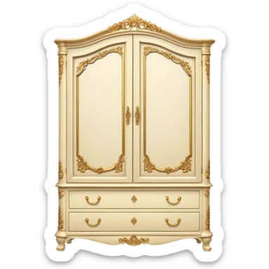 "Elegant vintage cream-colored wardrobe with ornate details, curved top, gold handles, and two bottom drawers, set against a black background."





 sticker