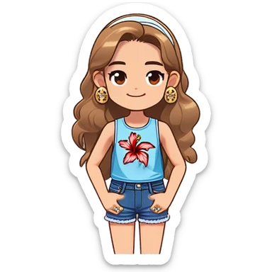 teen girl with light brown hair wearing a light blue and white tank top with lace and a pair of denim shorts. She has a hibiscus behind he right ear. She is wearing a gold chain around her neck, and little gold starfish earrings sticker