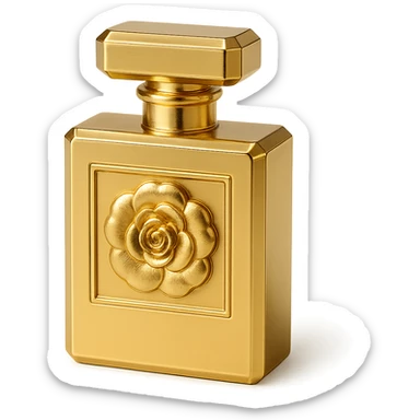Chanel-inspired perfume bottle, elegant, metallic gold, with a camellia flower accent, luxury fashion vibe sticker