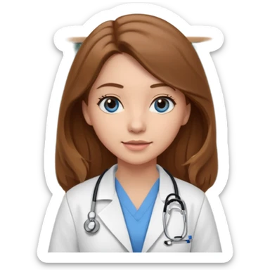 pretty female nursing student with long brown hair, blue eyes inside a classroom at university with blackboard behind her sticker