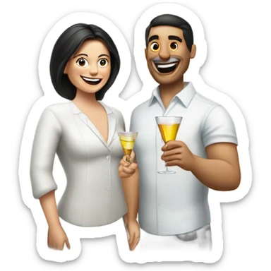 Mexican man and white woman holing a pill in one hand and a glass of martini in the other hand smiling and cheering sticker