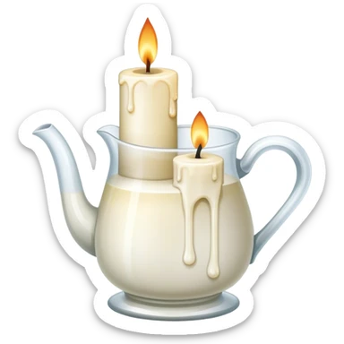 Candle making icon, candle with a wick, melting wax, wax blocks, pouring jug, wick holder, minimalistic style, clean lines, transparent background. sticker