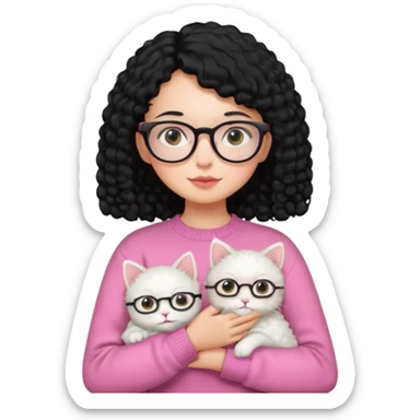 a girl with a black perm hair, wearing a pink sweater and glasses, holding a cute white cat, only upper body sticker