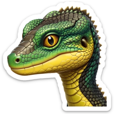 cinematic-realistic-cute-monitor-lizard-portrait-emoji,-head-tilted-playfully-and-inquisitively,-featuring-a-compact,-agile-body-with-finely-detailed,-glossy-scales-in-earthy-black and yellow-hues-and-a-distinct,-alert-face-with-bright,-curious-eyes, black , yellow spotted and green band  scales and a slender neck sticker