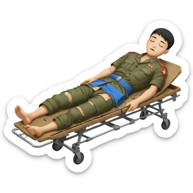 wounded man of oriental appearance, dressed in torn clothes, full length, with closed eyes, head lying on stretcher, in prone position, with injuries on black military stretcher, 1980 sticker